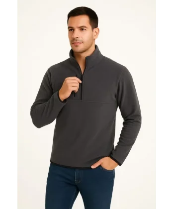 Erkek Polar Kazak – Dik Yaka, Yarım Fermuarlı, Fermuarlı Göğüs Cepli, Siyah Biyeli, Kışlık Rahat Regular Fit Günlük Model - Füme