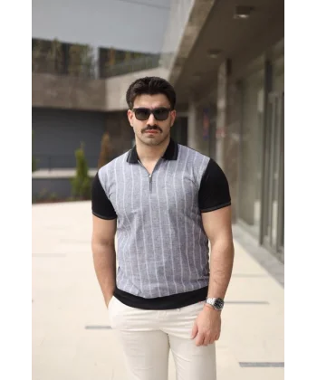 Erkek Polo Yaka Fermuar Detaylı Çizgili Tişört