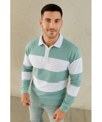 Erkek Polo Yaka Uzun Kollu Çizgili Sweatshirt Trend Rugby Stil - Çağla Yeşili