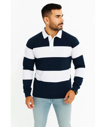 Erkek Polo Yaka Uzun Kollu Çizgili Sweatshirt Trend Rugby Stil - Lacivert