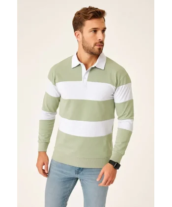Erkek Polo Yaka Uzun Kollu Çizgili Sweatshirt Trend Rugby Stil - Mint Yeşili