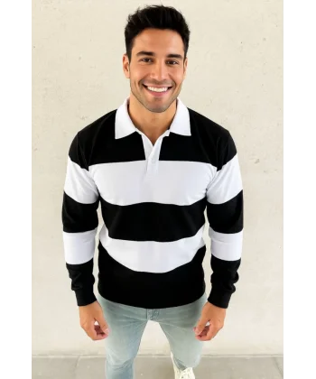 Erkek Polo Yaka Uzun Kollu Çizgili Sweatshirt Trend Rugby Stil - Siyah