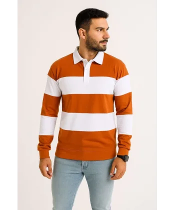 Erkek Polo Yaka Uzun Kollu Çizgili Sweatshirt Trend Rugby Stil - Turuncu