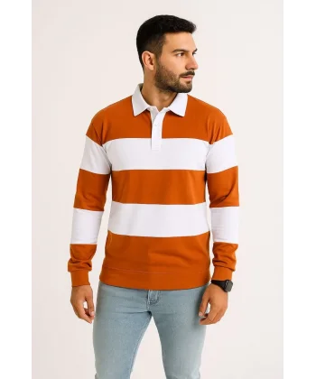 Erkek Polo Yaka Uzun Kollu Çizgili Sweatshirt Trend Rugby Stil - Turuncu