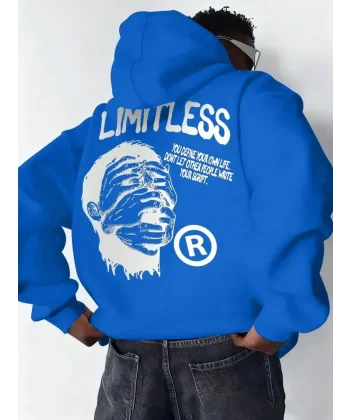 Erkek Premium Baskılı Kapşonlu Sweatshirt Üç İplik İçi Pamuklu Kanguru Cepli Double Oversize Rahat Kalıp Hoodie - Saks Mavi