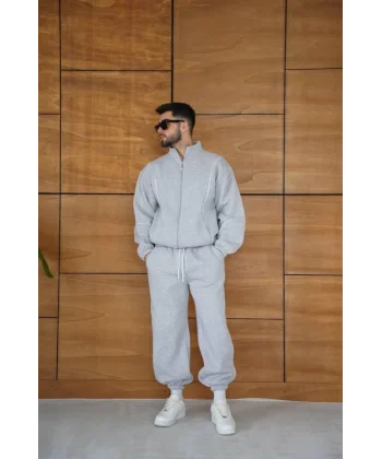 Erkek Premium Parçalı Eşofman Takım - Dik Yaka Fermuarlı Biyeli Sweatshirt Lastik Paça Alt, Oversize 3 Iplik Şardonlu - Gri