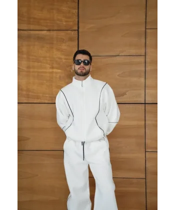 Erkek Premium Parçalı Eşofman Takım - Dik Yaka Fermuarlı Biyeli Sweatshirt Lastik Paça Alt, Oversize 3 iplik Şardonlu - Beyaz