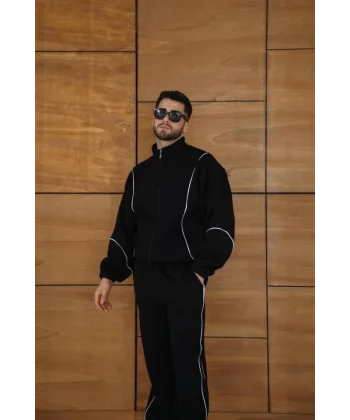 Erkek Premium Parçalı Eşofman Takım - Dik Yaka Fermuarlı Biyeli Sweatshirt Lastik Paça Alt, Oversize 3 Iplik Şardonlu - Siyah