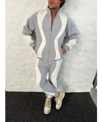 Erkek Premium Parçalı Eşofman Takım - Dik Yaka Fermuarlı Sweatshirt, - Gri