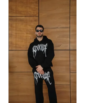 Erkek Premium Taş Baskılı Eşofman Takım Revenge Model (Siyah) Kapüşonlu Üst + Taşlı Baskılı Alt Modern Streetwear Tarzı Oversize Rahat Kalıp 3 iplik Pamuklu - Siyah