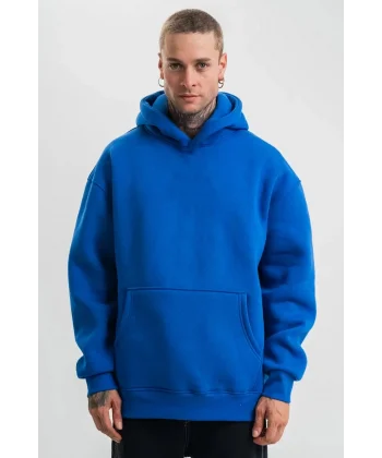 Erkek Saks Mavi Double Oversize 3 İplik Pamuklu Kapüşonlu Kanguru Cepli Sweatshirt Hoodie - Saks Mavi