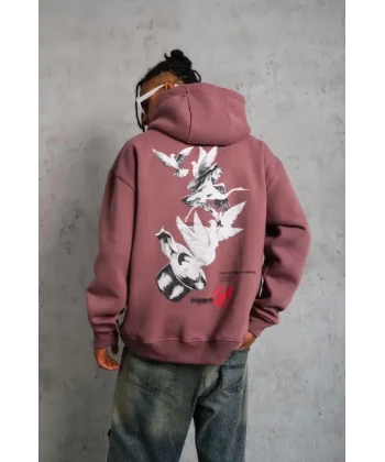 Erkek Şapkalı Güvercin Baskılı Kapşonlu Sweat - Gül Kurusu