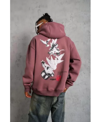 Erkek Şapkalı Güvercin Baskılı Kapşonlu Sweat - Gül Kurusu