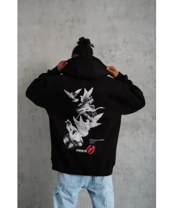 Erkek Şapkalı Güvercin Baskılı Kapşonlu Sweat - Siyah