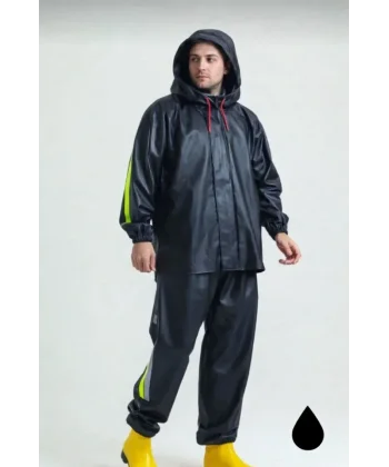 Erkek Şapkalı Kapüşonlu Su Geçirmez Yağmurluk Takımı Reflektörlü Motorcu Kıyafeti Su Ve Rüzgar Gecirmez Motorcu Kurye Takım TÜBİTAK Onaylı - Siyah