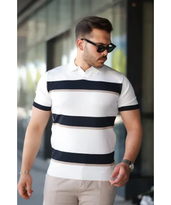 Erkek şerit Desenli Hemşire Yaka Kısa Kollu Tişört