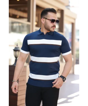 Erkek şerit Desenli Hemşire Yaka Kısa Kollu Tişört