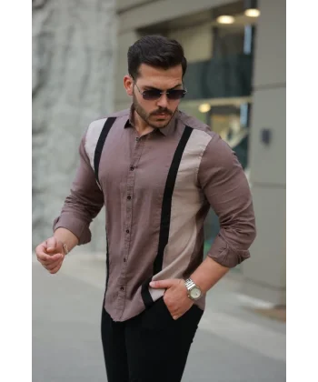 Erkek şerit Detaylı Uzun Kollu Pamuklu Keten Gömlek