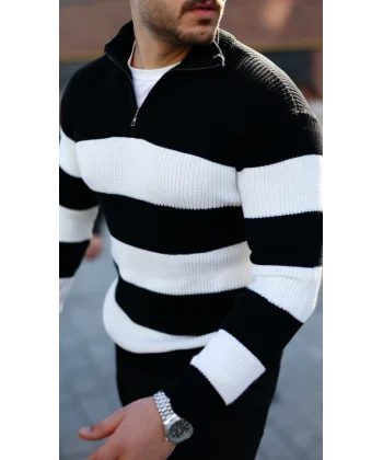 Erkek Şerit Renk Desenli Zip Yaka Kazak