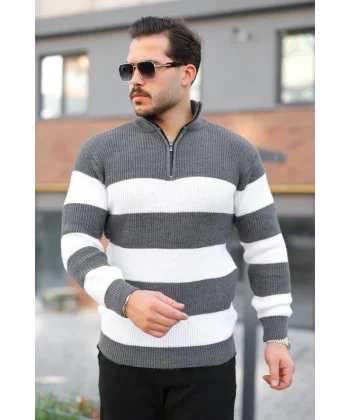 Erkek Şerit Renk Desenli Zip Yaka Kazak