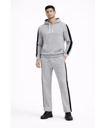 Erkek Şeritli Eşofman Takım Kapüşonlu Sweatshirt Boru Paça Alt, Oversize 3 Iplik Pamuklu - Gri