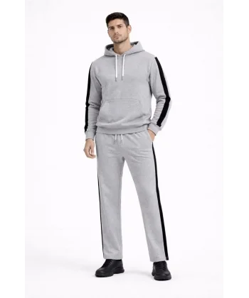 Erkek Şeritli Eşofman Takım Kapüşonlu Sweatshirt Boru Paça Alt, Oversize 3 iplik Pamuklu - Gri