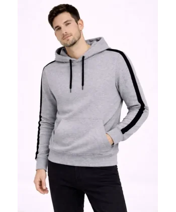 Erkek Şeritli Kapüşonlu Sweatshirt Oversize 3 Iplik Pamuklu - Gri