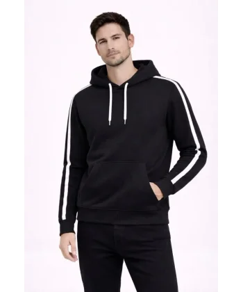 Erkek Şeritli Kapüşonlu Sweatshirt Oversize 3 Iplik Pamuklu - Siyah