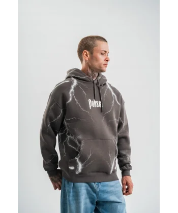 Erkek Şimşek Baskılı Kapşonlu Sweatshirt Üç İplik Pamuklu Kanguru Cepli Double Oversize Hoodie - Füme