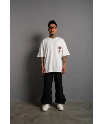 Erkek Sırt Baskılı A Kalite Oversize T-shirt - Beyaz