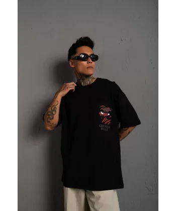 Erkek Sırt Baskılı A Kalite Oversize T-shirt - Siyah