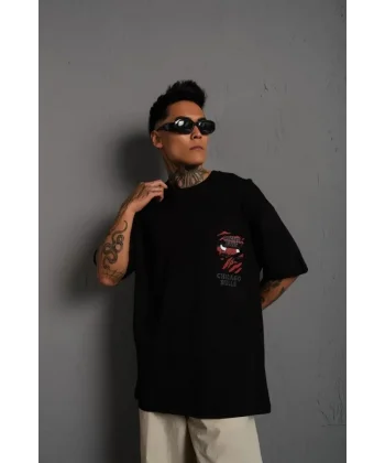 Erkek Sırt Baskılı A Kalite Oversize T-shirt - Siyah