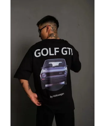 Erkek Sırt Baskılı Bisiklet Yakalı Oversize T-Shirt - Siyah