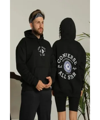 Erkek Sırt Baskılı Oversize Üç İplik Kapüşonlu Hoodie Sweatshirt - Siyah