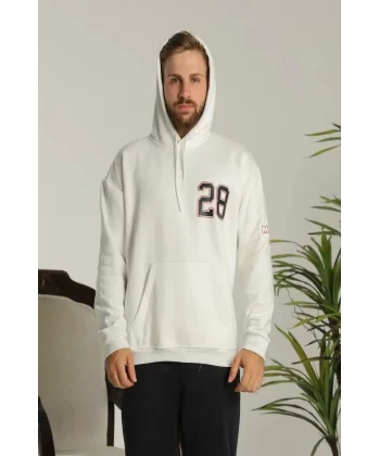 Erkek Sırt Baskılı Oversize Üç İplik Kapüşonlu Sweatshirt - Beyaz