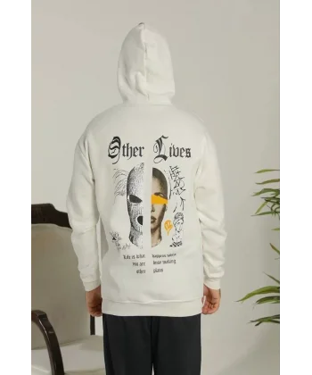 Erkek Kapşonlu Sweatshirt – Oversize Üç İplik Şardonlu Hoodie, “Other Lives” Ön & Arka Baskılı, Kanguru Cepli, Kışlık Rahat Günlük Stil - Beyaz