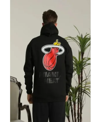 Erkek Sırt Baskılı Oversize Üç İplik Kapüşonlu Sweatshirt - Siyah