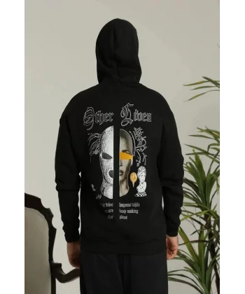 Erkek Kapşonlu Sweatshirt – Oversize Üç İplik Şardonlu Hoodie, “Other Lives” Ön & Arka Baskılı, Kanguru Cepli, Kışlık Rahat Günlük Stil - Siyah