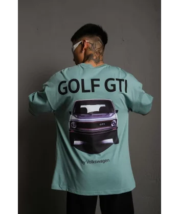 Erkek Oversize Baskılı Tişört – Golf GTI Retro Araba Desenli, Ön & Arka Dijital Baskı, Sokak Modası Stil - Mint Yeşili