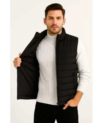 Erkek Şişme Fermuarlı Yelek Su itici Kapitone Astarlı Kumaş Cepli Hafif Kışlık Spor Rahat Kalıp - Siyah