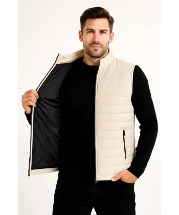 Erkek Şişme Fermuarlı Yelek Su itici Kapitone Astarlı Kumaş Cepli Hafif Kışlık Spor Rahat Kalıp -Bej