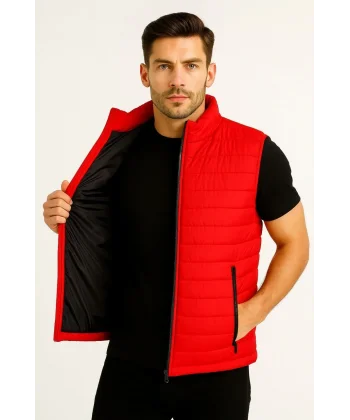 Erkek Şişme Fermuarlı Yelek Su itici Kapitone Astarlı Kumaş Cepli Hafif Kışlık Spor Rahat Kalıp - Kırmızı