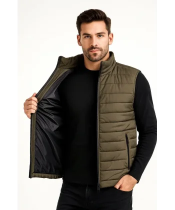 Erkek Şişme Fermuarlı Yelek Su itici Kapitone Astarlı Kumaş Cepli Hafif Kışlık Spor Rahat Kalıp - Haki