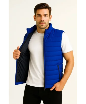 Erkek Şişme Fermuarlı Yelek Su itici Kapitone Astarlı Kumaş Cepli Hafif Kışlık Spor Rahat Kalıp - Saks Mavisi