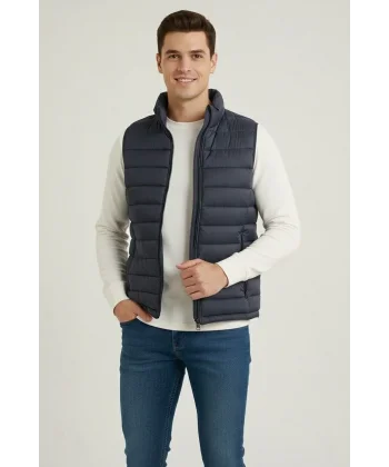 Erkek Şişme Fermuarlı Yelek Su itici Kapitone Astarlı Kumaş Cepli Hafif Kışlık Spor Rahat Kalıp - Lacivert