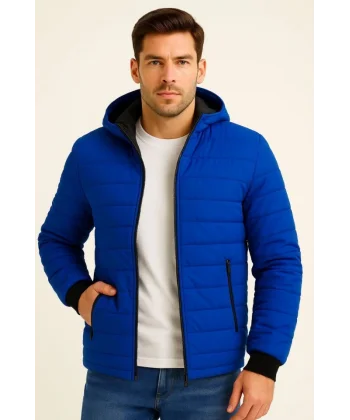 Erkek Şişme Kapüşonlu Fermuarlı Mont Su Itici Kapitone Astarlı Kumaş Cepli Kışlık Rahat Kalıp - Saks Mavisi