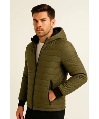 Erkek Şişme Kapüşonlu Fermuarlı Mont Su Itici Kapitone Astarlı Kumaş Cepli Kışlık Rahat Kalıp - Haki