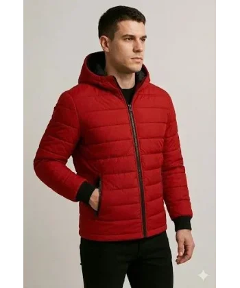 Erkek Şişme Kapüşonlu Fermuarlı Mont Su Itici Kapitone Astarlı Kumaş Cepli Kışlık Rahat Kalıp - Kırmızı