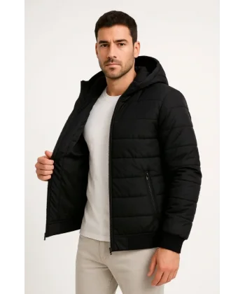 Erkek Şişme Kapüşonlu Fermuarlı Mont Su Itici Kapitone Astarlı Kumaş Cepli Kışlık Rahat Kalıp - Siyah