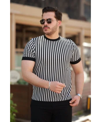 Erkek Siyah Beyaz örme Pamuklu Kumaş Kısa Kollu T-shirt
